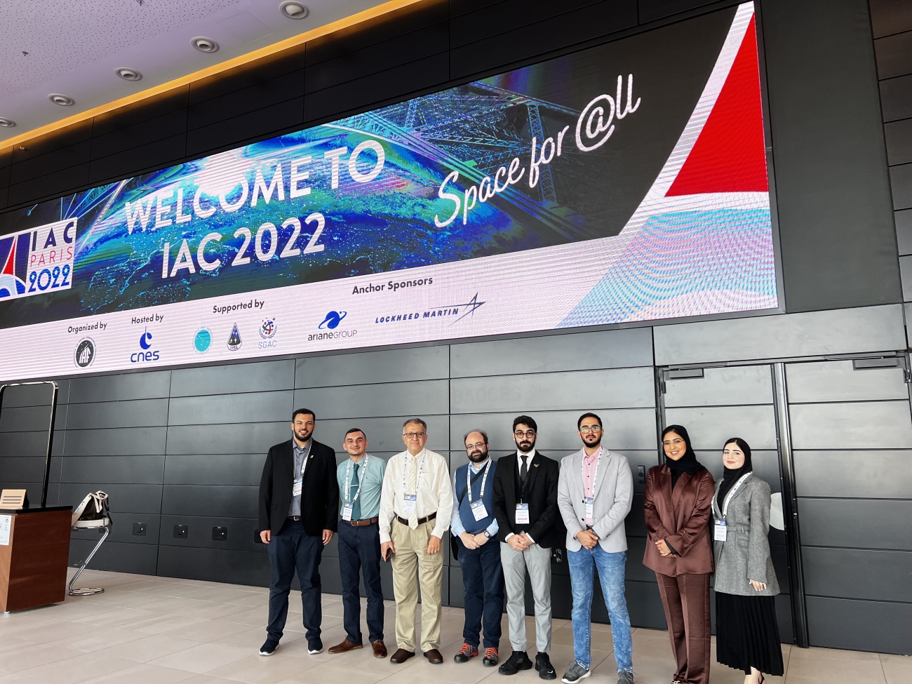 SAASST team participation at IAC 2022 in Paris; from left to right: Sultan Halawa (Space Weather Lab), Yousuf Faroukh (CubeSat Lab), Ilias Fernini (DGD Research Labs), Antonios Manousakis (HEA Lab), Ibrahim Al-Sabt (CubeSat Lab), Maryam Al-Ansari (CubeSat Lab), and Maryam Essa (Meteorite Center).